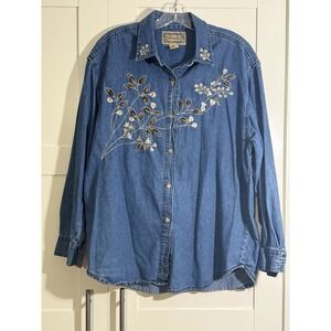 Vtg Tantrum‎ Blues Southwest Embroidered Floral Fall Denim Shirt Large 90s Boho